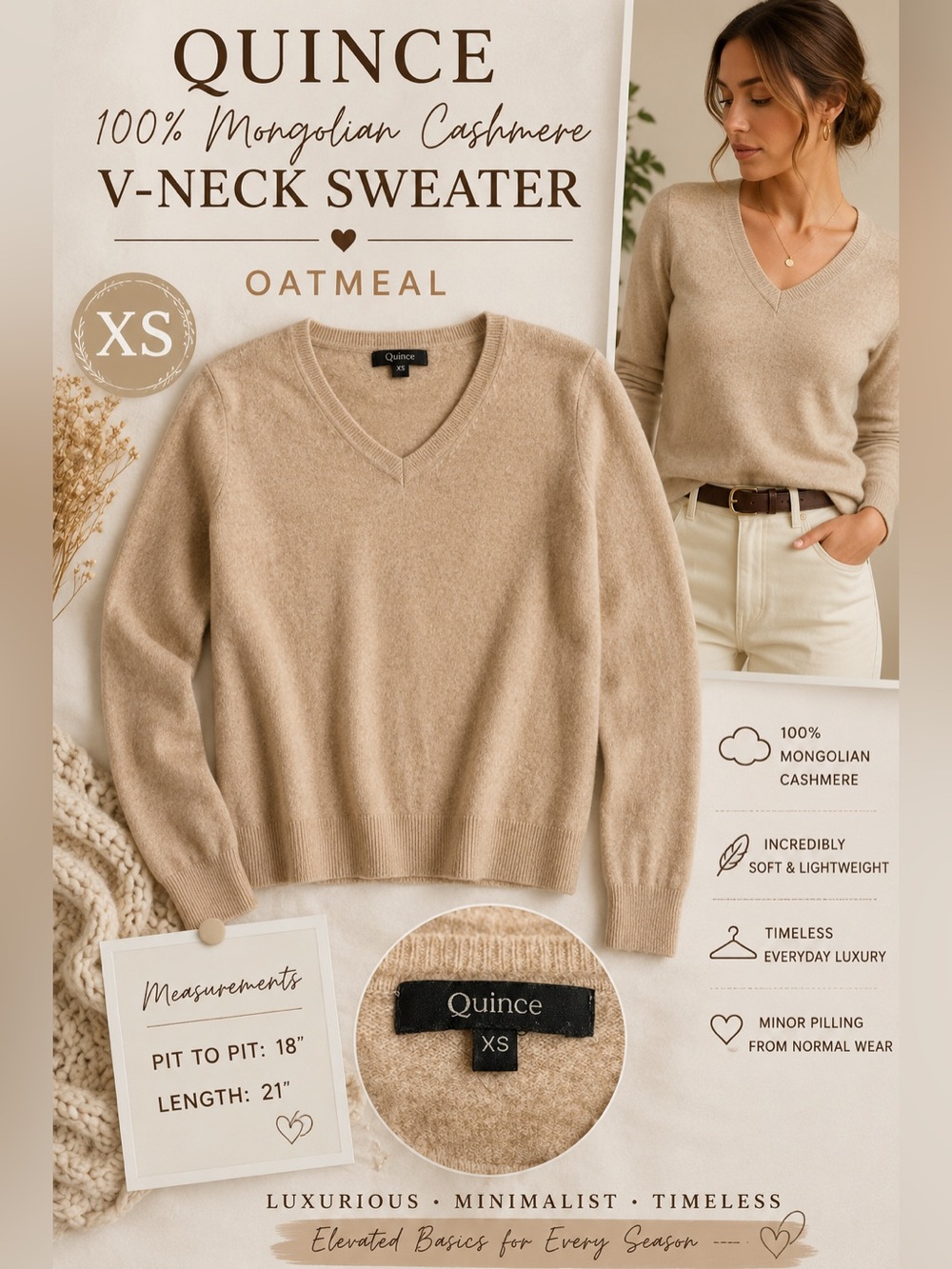Quince 100% Mongolian Cashmere V-Neck Sweater Oatmeal XS
